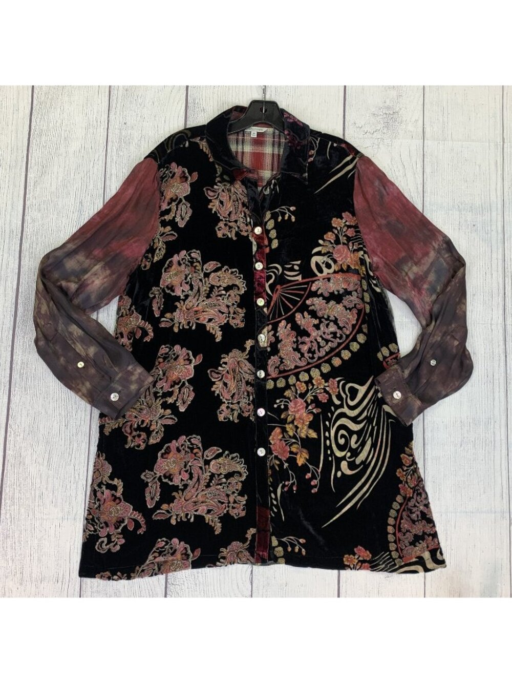 John Mark Top Womens 0X Multicolor Velvet Floral Button Up Tunic Autumn Boho